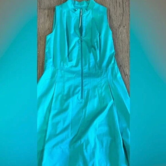 Akris Punto High Neck Zip Front Fit & Flare Dress in Teal size 12 - Picture 3 of 9